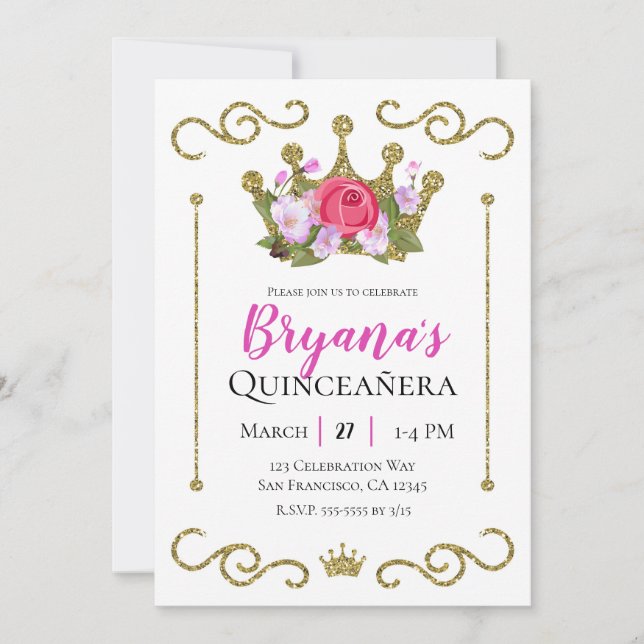 Blommigten guld Glitter Krona Photo Quinceñera Par Inbjudningar (Framsida)