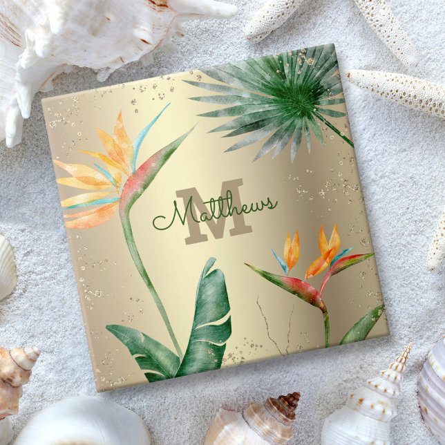 Blommigten Guld i Monogram Tropical Handflatan Fol Kakelplatta (Skapare uppladdad)