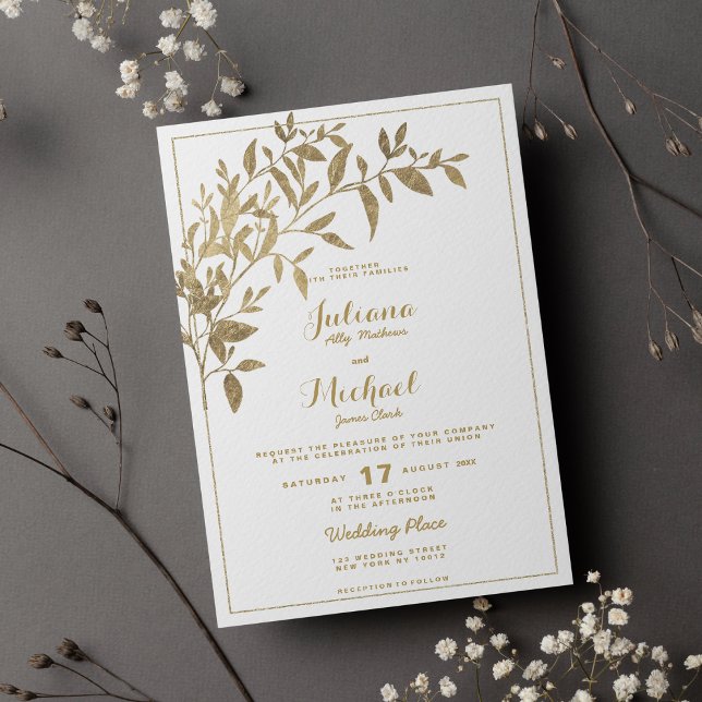 blommigten guld, traditionell vit Bröllop Inbjudningar (Gold foliage floral traditional white Wedding)