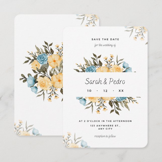 Blommigten gult blå vattenfärg Spara datumkortet Datumet (Fram/baksida)