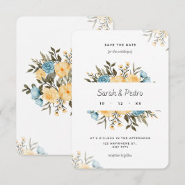 Blommigten gult blå vattenfärg Spara datumkortet Datumet