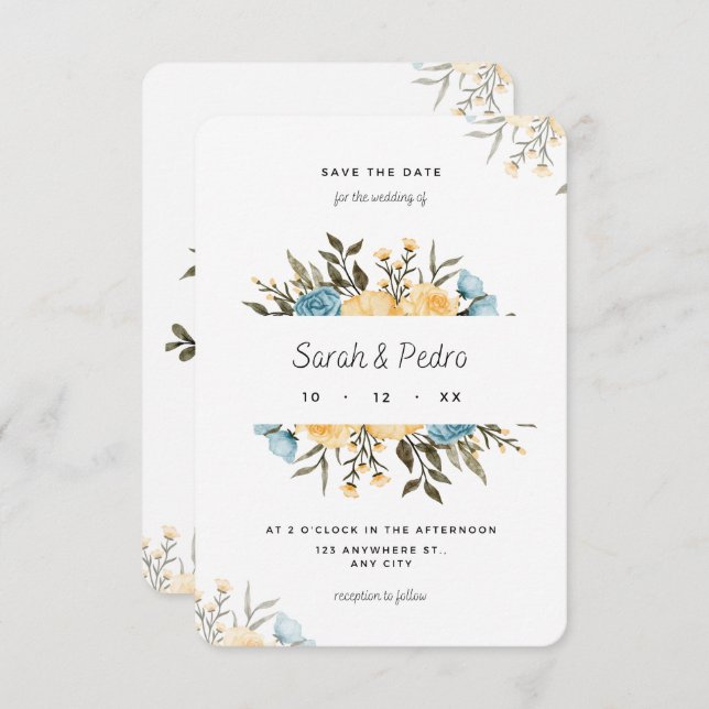 Blommigten gult blå vattenfärg Spara datumkortet Spara Datumet (Fram/baksida)