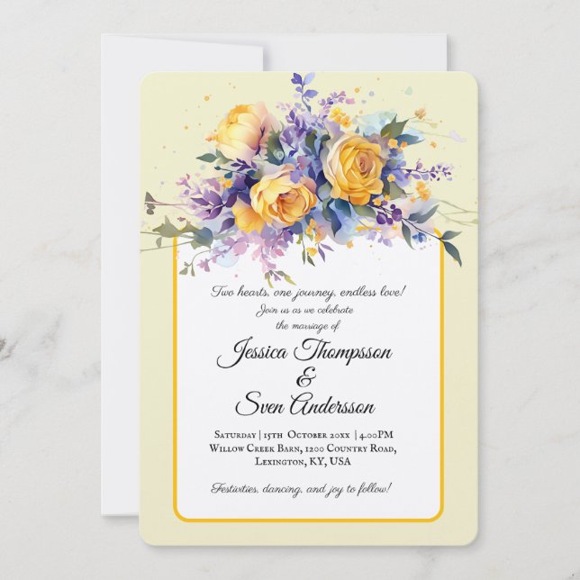 Blommigten Gult Vattenfärg Elegant bröllop Inbjudningar (Framsida)