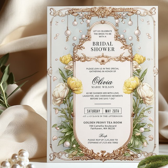 Blommigten Gult Vintage Guld Möhippa Inbjudningar (Skapare uppladdad)