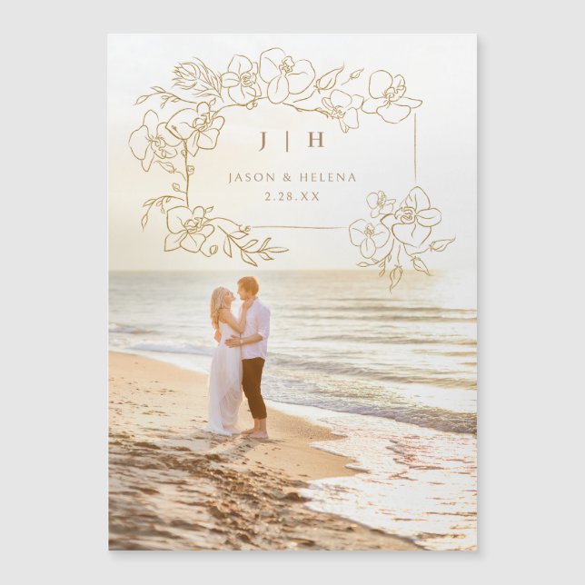 Blommigten Hand plockade Guld Spara datum Magnetisk Inbjudningskort (Framsida)