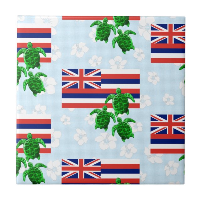 Blommigten Hawaii Flagga och Grönt Sea Turtles Kakelplatta (Framsidan)