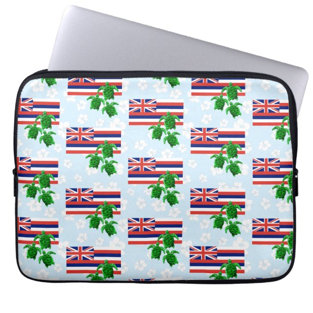 Blommigten Hawaii Flagga och Grönt Sea Turtles Laptop Fodral (Framsidan)