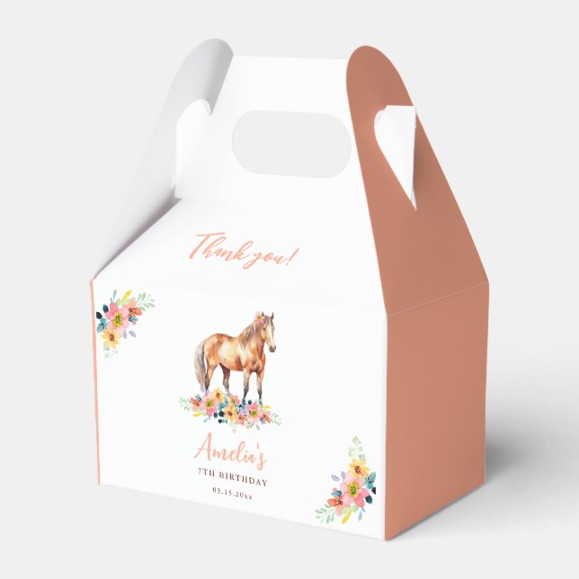 Blommigten Horse Rosa Birthday Pony Favor Box Presentaskar (Framsidan Sidan)