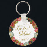 Blommigten Höst på elegant för Vintage - Bridesmai Nyckelring<br><div class="desc">Den här vackra nyckelringen är designad som en gåva eller tjänst till dina brudtärnor. Utmärkande för gräns i vintage ro under hösten färg, inklusive korallets rosa, rött, orange och plommon. Texten är ett skript i elegant guld med lacy swirls. Det finns en ställe som ska ta sig in i hennes...</div>