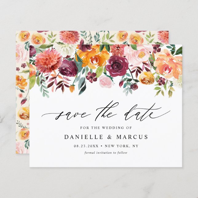 Blommigten Höstblommor för vattenfärg Spara datum (Fram/baksida)