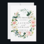 Blommigten i vår, utandning i Bröllop spara datum Spara Datumet<br><div class="desc">Elegant bröllop Spara datumkortet med en andedräkt av vattenfärgade blommor i  rosa och vita med grönt löv. Om du vill ha en mer avancerad anpassning av den här designen klickar du på knappen Anpassa. Matchande objekt är också tillgängliga.</div>