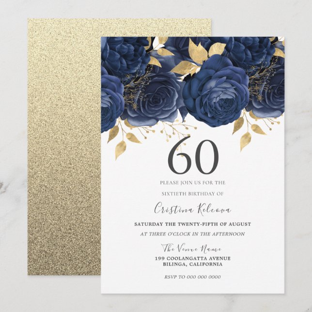 Blommigten Indigo Blue & Guld 60:e Födelsedagsfest Inbjudningar (Fram/baksida)