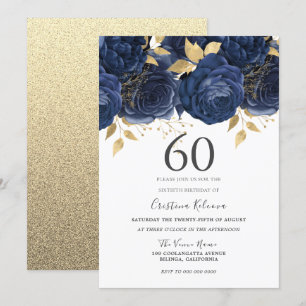 Blommigten Indigo Blue & Guld 60:e Födelsedagsfest Inbjudningar