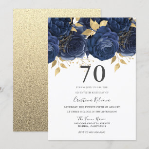 Blommigten Indigo Blue & Guld 70:e Födelsedagsfest Inbjudningar