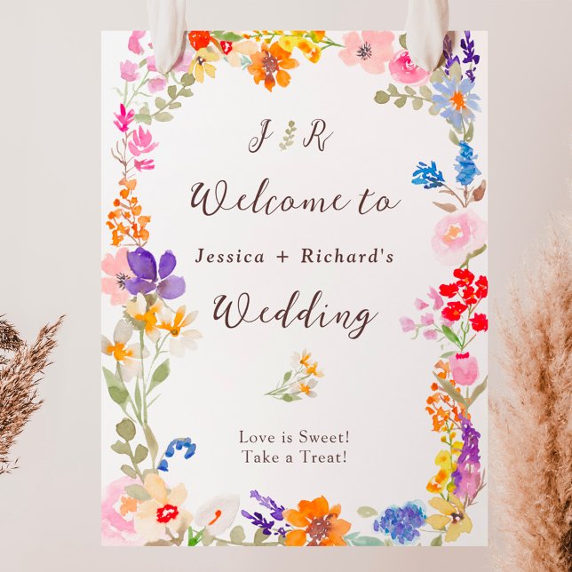 Blommigten initialer bröllop välkomnas av trädgård poster (Boho garden summer floral initials wedding welcome poster)
