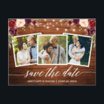 Blommigten Kalligrafi Wood Burgundy sparar datum Vykort<br><div class="desc">Modern kalligrafi,  Rustic Wood and String Ljus,  Watercolor Burgundy Blommigt Save the Date Förlovning Notification Couple 3 Photo Postcard</div>