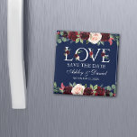 Blommigten Kärlek Blue Burgundy Watercolor Spara d Magnet<br><div class="desc">Vattenskärg blå Burgundy Blommigt Kärlek Spara datum magneter - ruta</div>