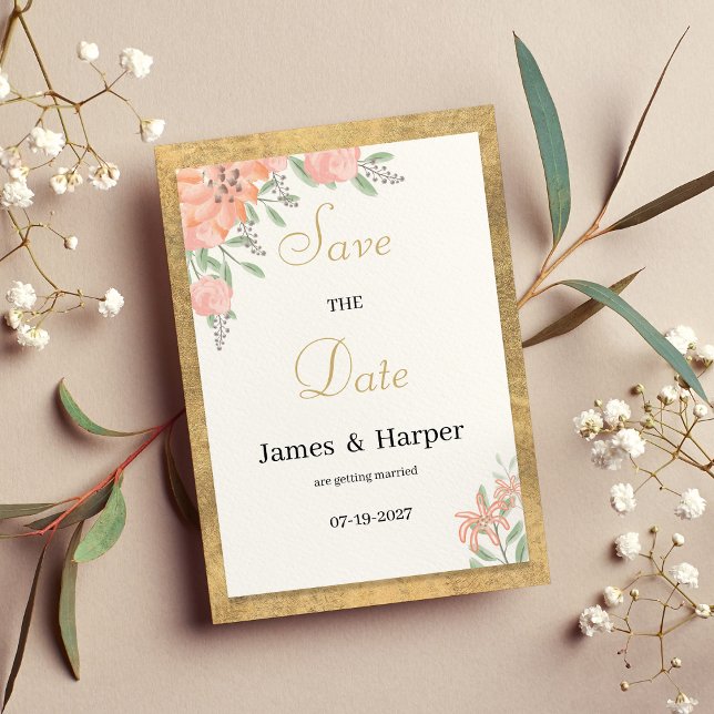 Blommigten Klistra in färg guld, vattenfärgen  Spa Inbjudningar (Pastel colors gold watercolor floral Save the Date)
