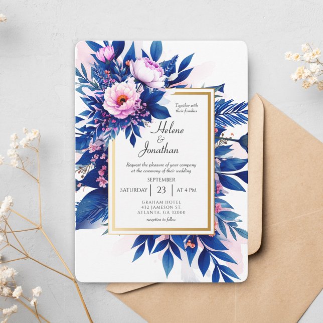 Blommigten Kobolt Blue Rosa Modern Elegant bröllop Inbjudningar (Cobalt Blue Pink Floral Modern Elegant Wedding Invitation)