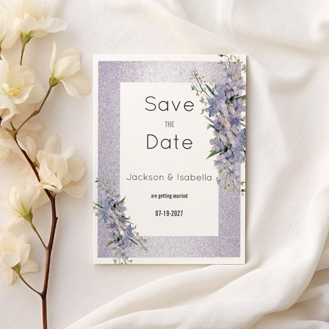 Blommigten Lavender glitter-jokerblommor Spara dat Inbjudningar (Lavender glitter wildflowers floral Save the Date)
