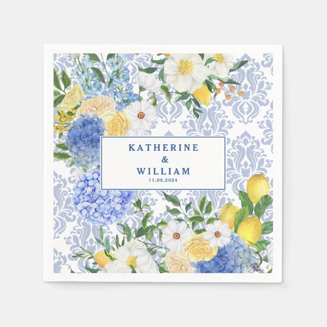 Blommigten Lemon Mediterranean Tile Blue and Gult Pappersservett (Framsidan)