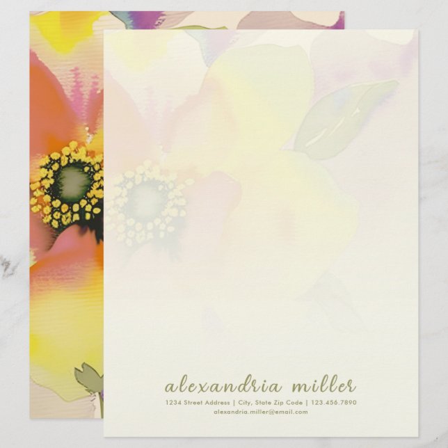 Blommigten Letterhead Stationery med subtle Waterc Brevhuvud (Fram/baksida)