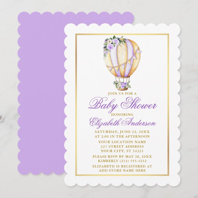 Blommigten Lila för vattenfärgen Ballon Baby Showe Inbjudningar (Fram/baksida)