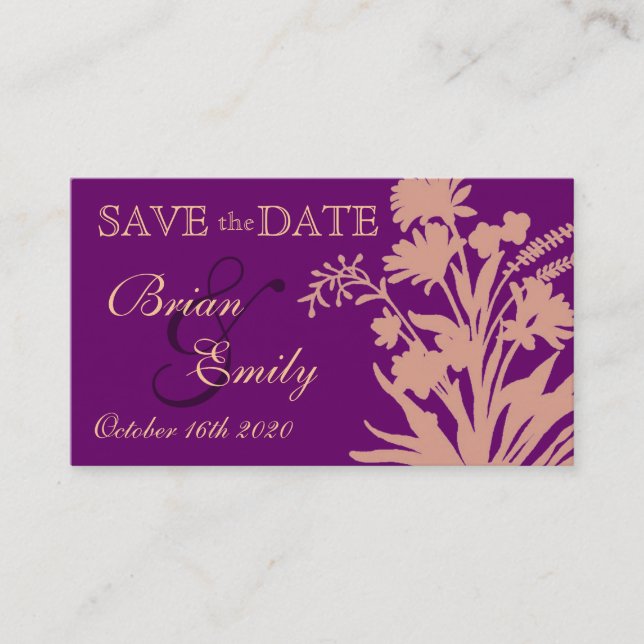 blommigten lila persikor spara datum affärskort visitkort (Framsida)
