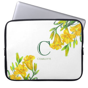 Blommigten Lilies för Gult av vattenfärg Art Monog Laptop Fodral