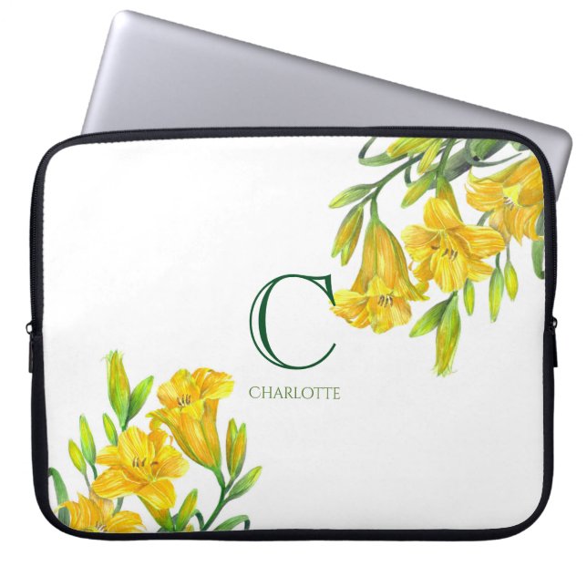 Blommigten Lilies för Gult av vattenfärg Art Monog Laptop Fodral (Framsidan)