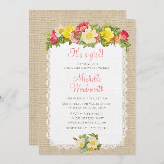 Blommigten Linen Rustic-inbjudan till babyvisnings Inbjudningar (Fram/baksida)