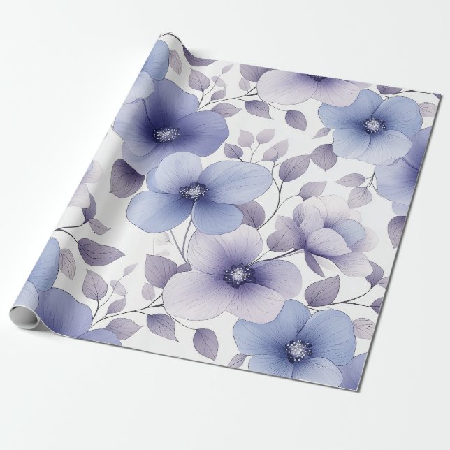 Blommigten Ljusblå och Lavender Watercolor Presentpapper (Utrullad)