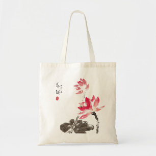 Blommigten Lotus Tote Bag för kinesiska frihandsfä Tygkasse