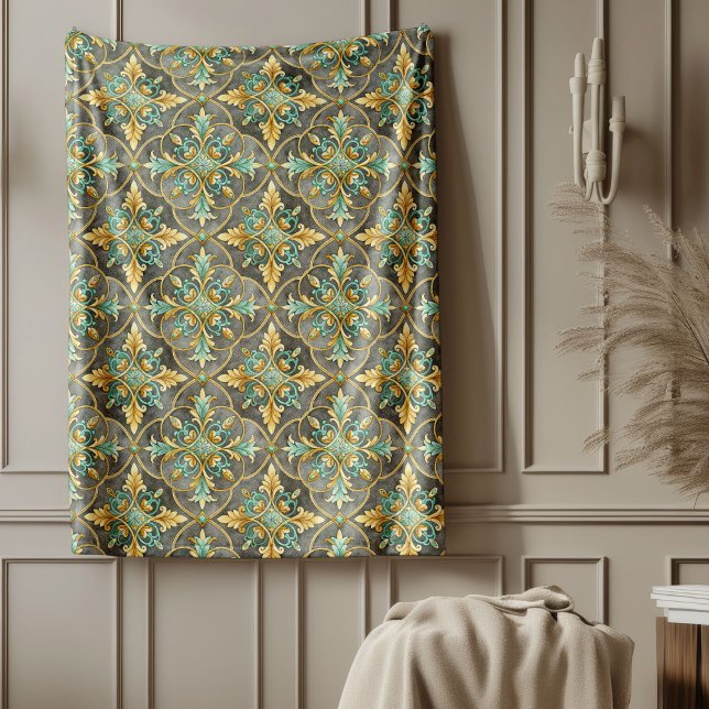 Blommigten Lux Grönt och Guld Medelhavsplattor Fleecefilt (Lux Green and Gold Mediterranean tiles floral Fleece Blanket)