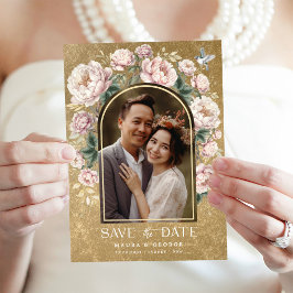 Blommigten Luxury Guld Chinoiserie Photo Save Date Inbjudningar
