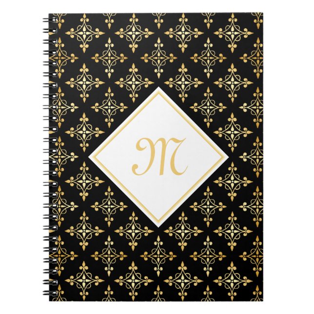 Blommigten Luxury Monogram Black och Guld Quatre Anteckningsbok Med Spiral (Framsidan)
