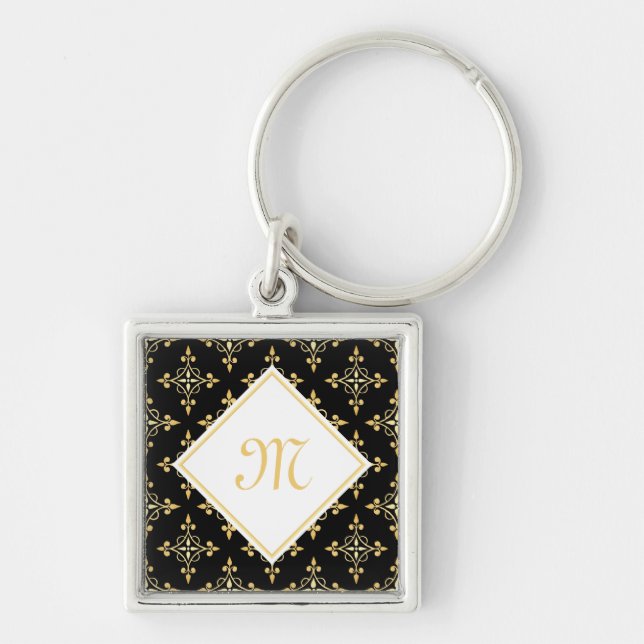 Blommigten Luxury Monogram Black och Guld Quatre Fyrkantig Silverfärgad Nyckelring (Framsidan)