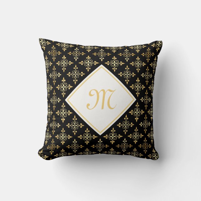 Blommigten Luxury Monogram Black och Guld Quatre Kudde (Framsida)