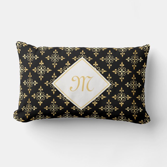 Blommigten Luxury Monogram Black och Guld Quatre Lumbarkudde (Framsida)