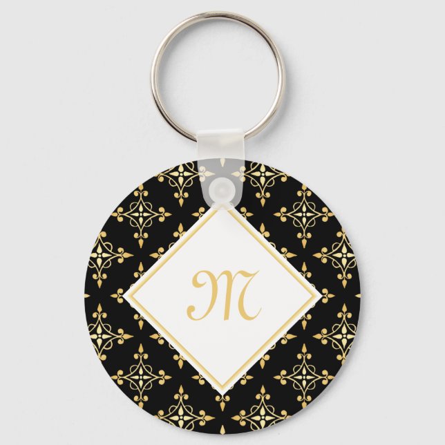 Blommigten Luxury Monogram Black och Guld Quatre Nyckelring (Framsida)