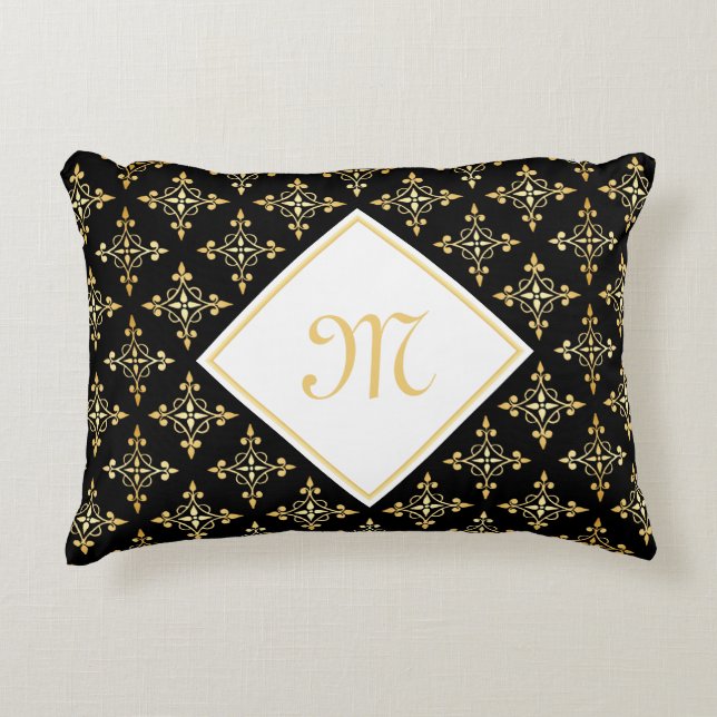 Blommigten Luxury Monogram Black och Guld Quatre Prydnadskudde (Framsidan)
