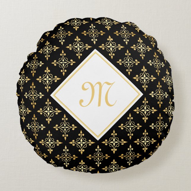 Blommigten Luxury Monogram Black och Guld Quatre Rund Kudde (Framsidan)