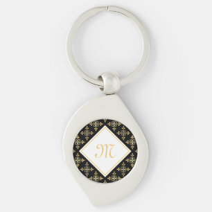 Blommigten Luxury Monogram Black och Guld Quatre Swirl Silverfärgad Nyckelring