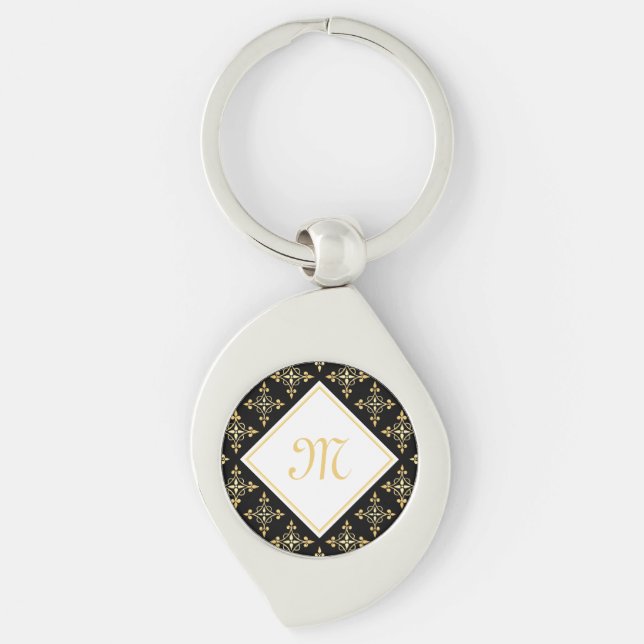 Blommigten Luxury Monogram Black och Guld Quatre Swirl Silverfärgad Nyckelring (Framsidan)