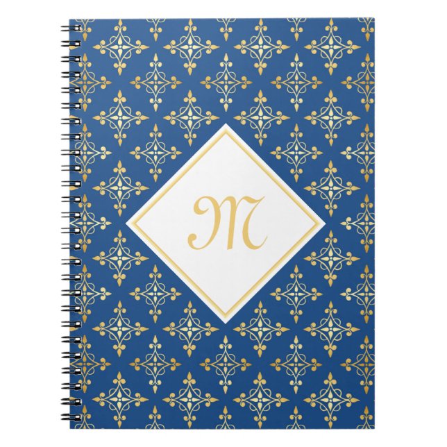Blommigten Luxury Monogram Blue och Guld Quatre Anteckningsbok (Framsidan)