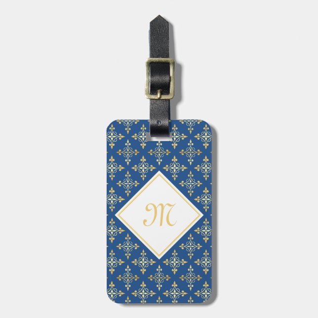 Blommigten Luxury Monogram Blue och Guld Quatre Bagagebricka (Vertikal Framsida)