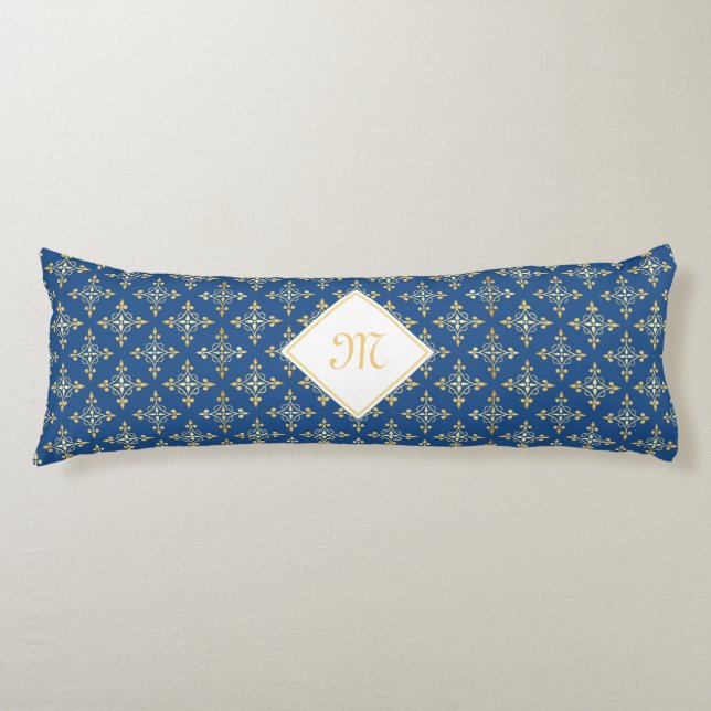 Blommigten Luxury Monogram Blue och Guld Quatre Kroppskudde (Framsidan)