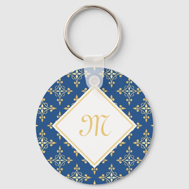 Blommigten Luxury Monogram Blue och Guld Quatre Nyckelring (Framsida)