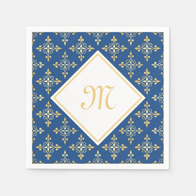 Blommigten Luxury Monogram Blue och Guld Quatre Pappersservett (Framsidan)