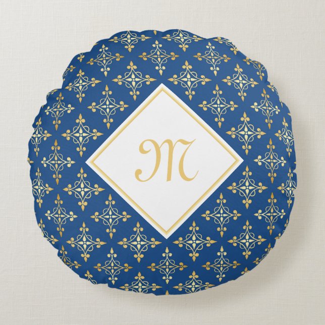 Blommigten Luxury Monogram Blue och Guld Quatre Rund Kudde (Framsidan)